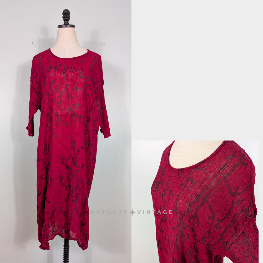 Grizas Linen Gauze Midi Dress S Red Sleeve Lagenlook Artsy Lightweight Summer